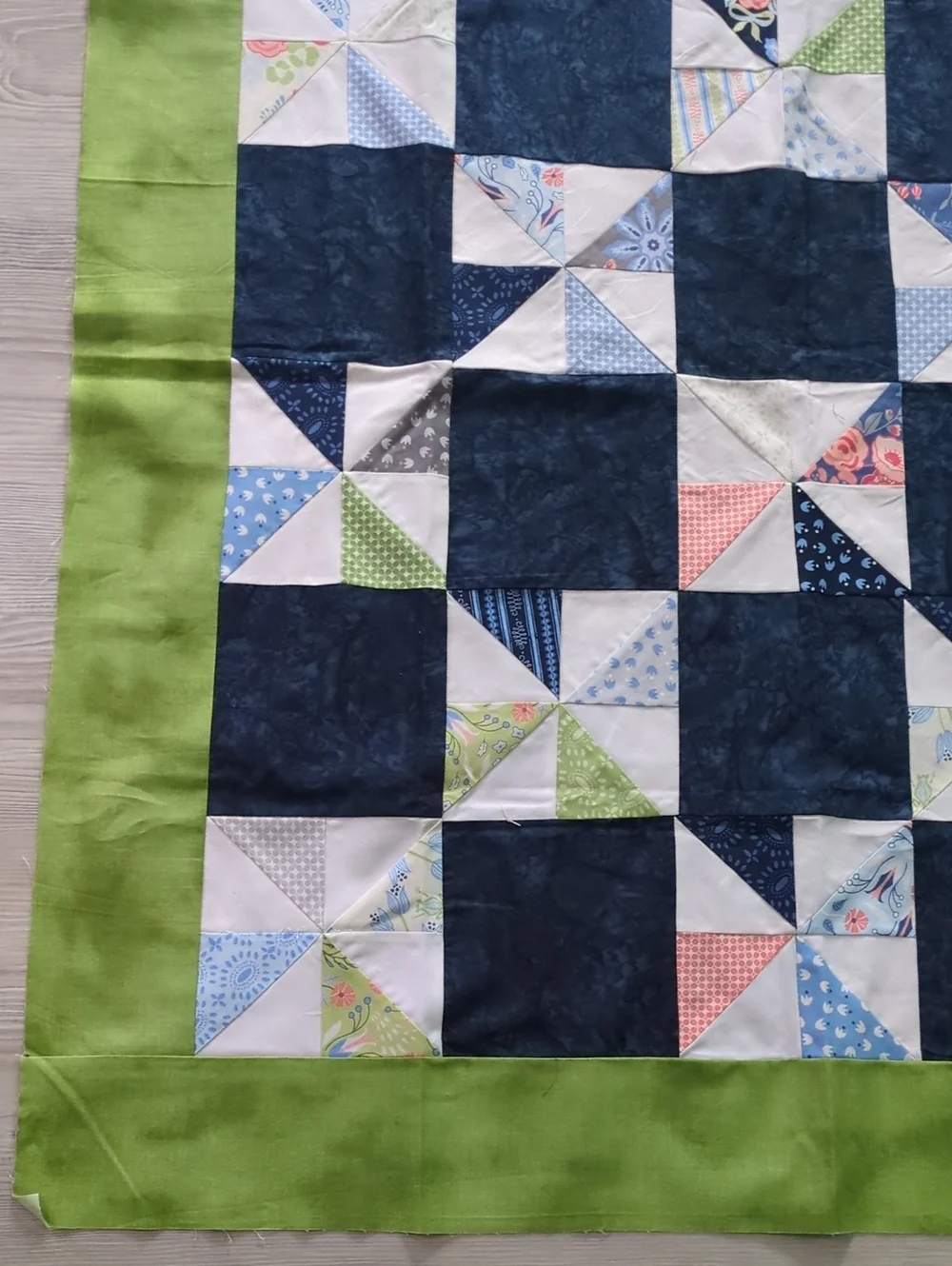 Handmade Unfinished Quilt Top UFO Blue Green Pinwheel Patchwork 41 x 35.5
